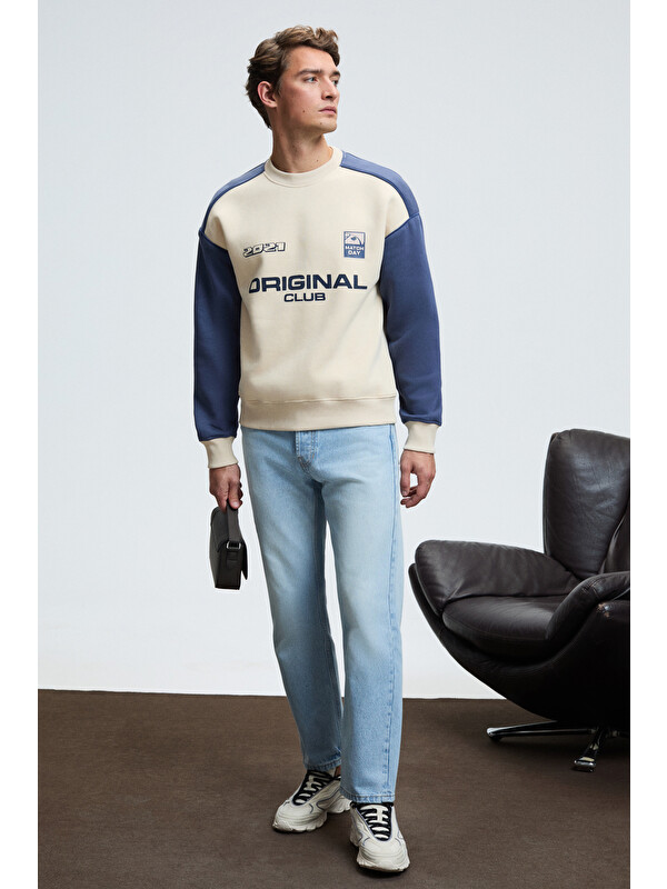 GRIMELANGE MONTY Erkek Yuvarlak Yaka Baskılı Omuzları Yeşil Renkte Relaxed Fit BEJ Sweatshirt