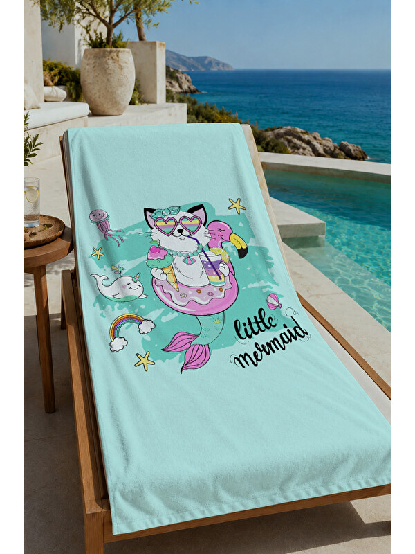 Milbay Grup Mint Sevimli Denizkızı Temalı Desenli 70x150 cm Dijital Baskılı Plaj ve Banyo Havlusu