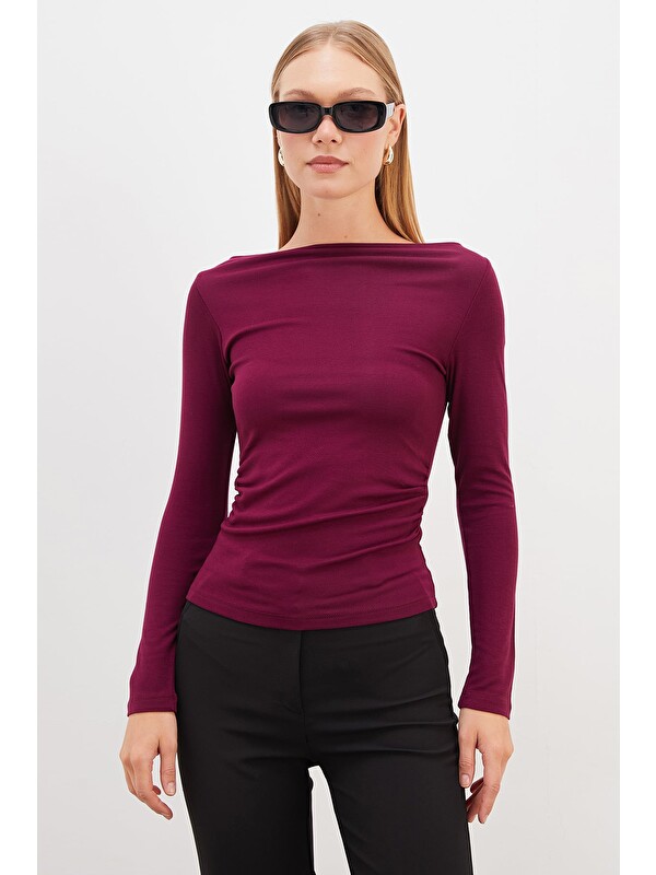 Fullamoda Yanları Drapeli Kayık Yaka Slim Fit Bluz