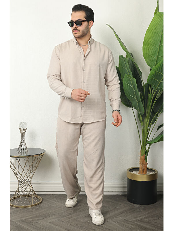 Comstar Erkek Trend Keten Gömlek Baggy Eşofman Krem İkili Takım