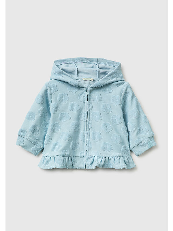 United Colors Of Benetton Bebek Açık Mavi Çiçek Desenli Etek Ucu Fırfırlı Kapüşonlu Jakarlı Sweatshirt