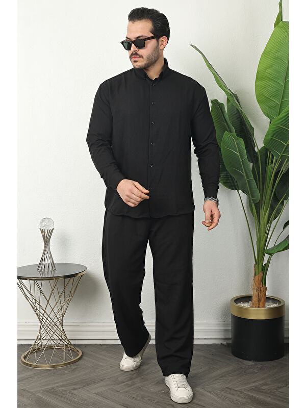 Comstar Erkek Trend Keten Gömlek Baggy Eşofman Siyah İkili Takım