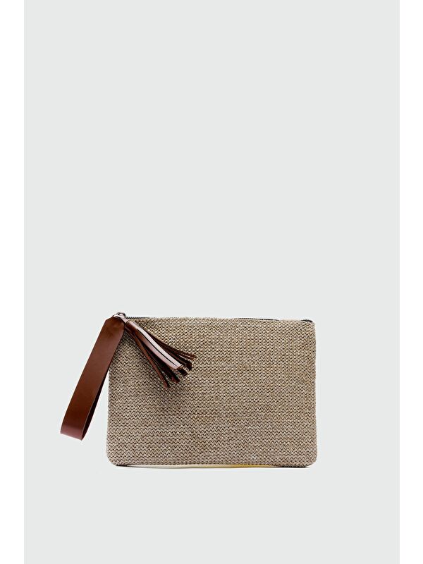 Shulebags Juno Püskül Detaylı Hasır Clutch Çanta Taba