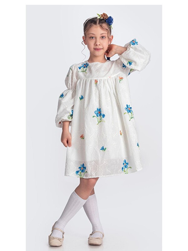 Mnk Baby & Kids Otantik Akdeniz Çiçek Nakış Kız Çocuk Müslin Elbise M00706