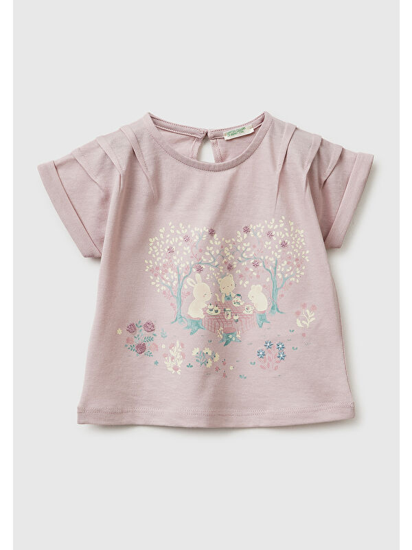United Colors Of Benetton Bebek Gül Kurusu Su Bazlı Baskılı İşlemeli Arkası Düğmeli Kimono Kol T-Shirt