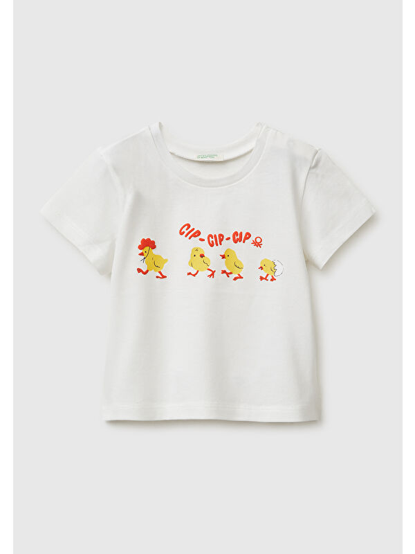 United Colors Of Benetton Bebek Ekru Omzu Gizli Çıtçıtlı Baskılı Kısa Kollu T-Shirt