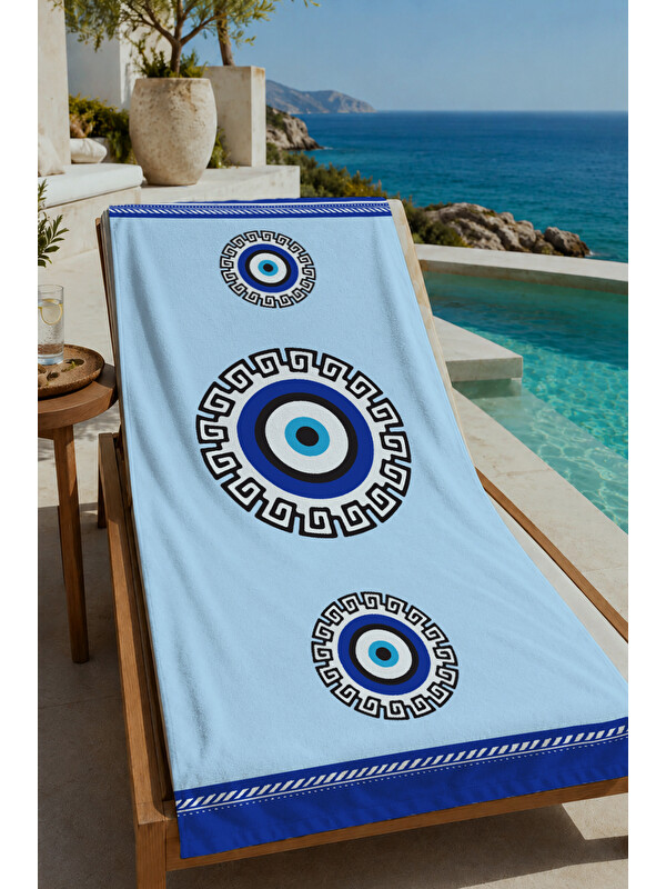 Milbay Grup Beyaz Mavi Nazar Boncuğu Mandala Desenli 70x150 cm Dijital Baskılı Plaj ve Banyo Havlusu