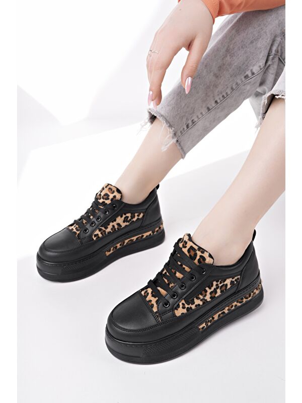 ZARİNA Kadın Kalın Taban Leopar Desenli Bağcıklı Günlük Sneaker Spor Ayakkabı - Görsel 6