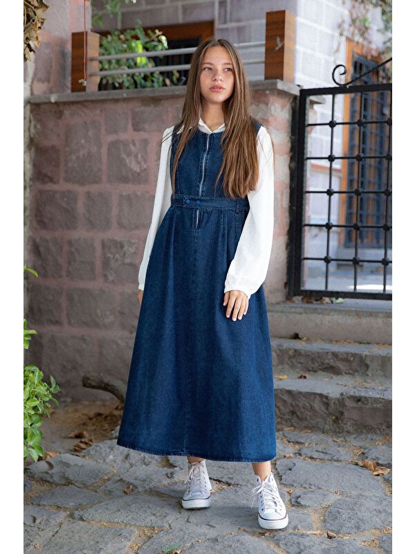 Cansın Mini Mavi Önü Fermuarlı Klasik Gömlekli Kız Çocuk Kuşaklı Jean Elbise 22737
