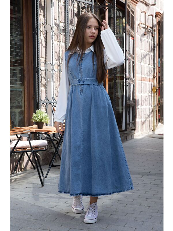Cansın Mini Lacivert Önü Fermuarlı Klasik Gömlekli Kız Çocuk Kuşaklı Jean Elbise 22738