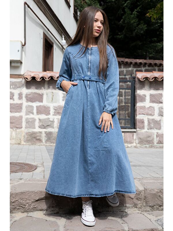 Cansın Mini Mavi Uzun Kollu Önü Fermuarlı Kız Çocuk Kuşaklı Jean Elbise 22741