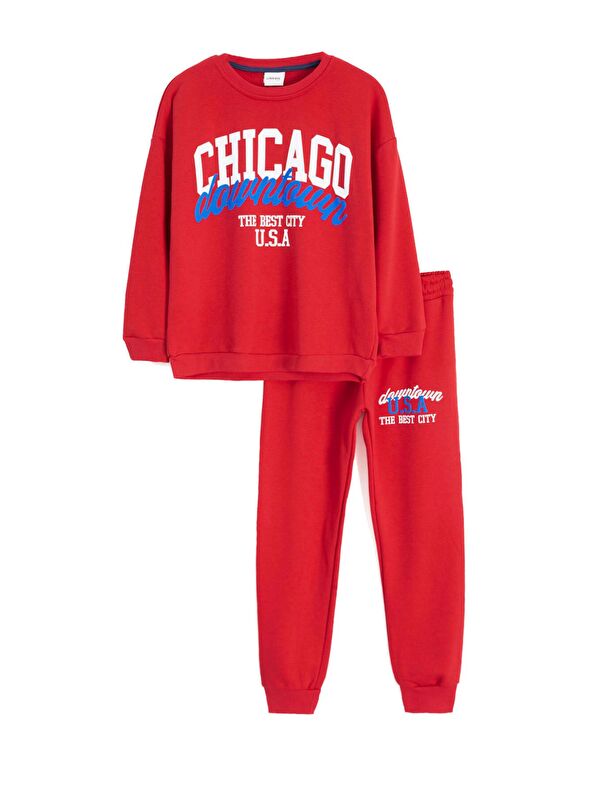 Cansın Mini Kırmızı Chicago Baskılı Bisiklet Yaka Erkek Çocuk 2li Eşofman Takımı 22730