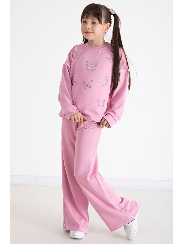 Cansın Mini Pembe Payetli Kelebek İşlemeli Geniş Paça Kız Çocuk Eşofman Takımı 22734