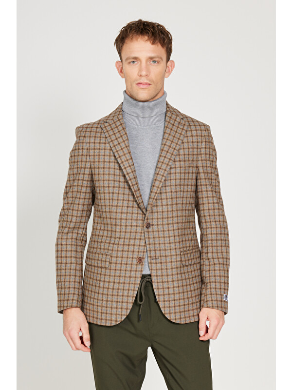 Altınyıldız Classics Erkek Kahve-Bej  Dar Kesim Mono Yaka Kareli Yünlü Blazer Ceket