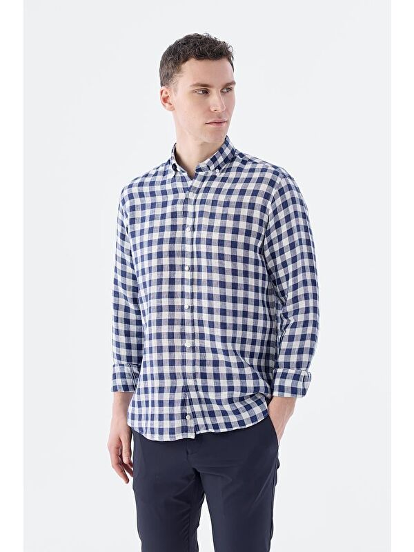 JAKAMEN Lacivert Comfort Fit Kareli %100 Keten Gömlek