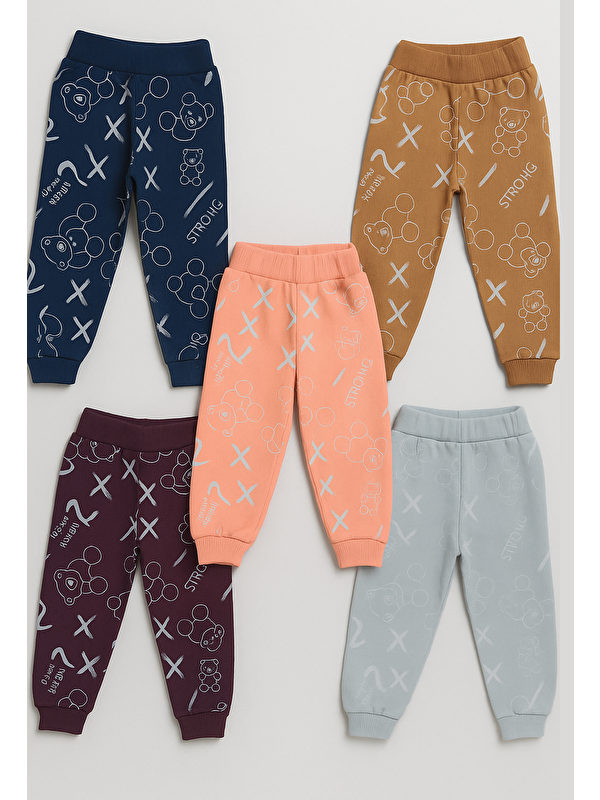 JackandRoy 5'li Paket Ayıcık Baskılı Bebek Fitilli Jogger Eşofman Altı