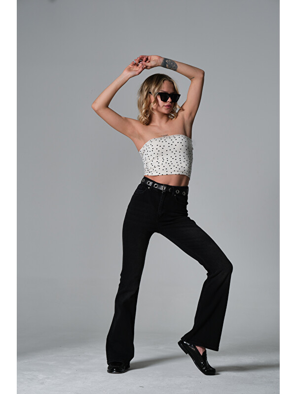 Maule Normal bel kot, ispanyol paça esnek denim kumaş kadın fit and Flare jean pantolon @Morales