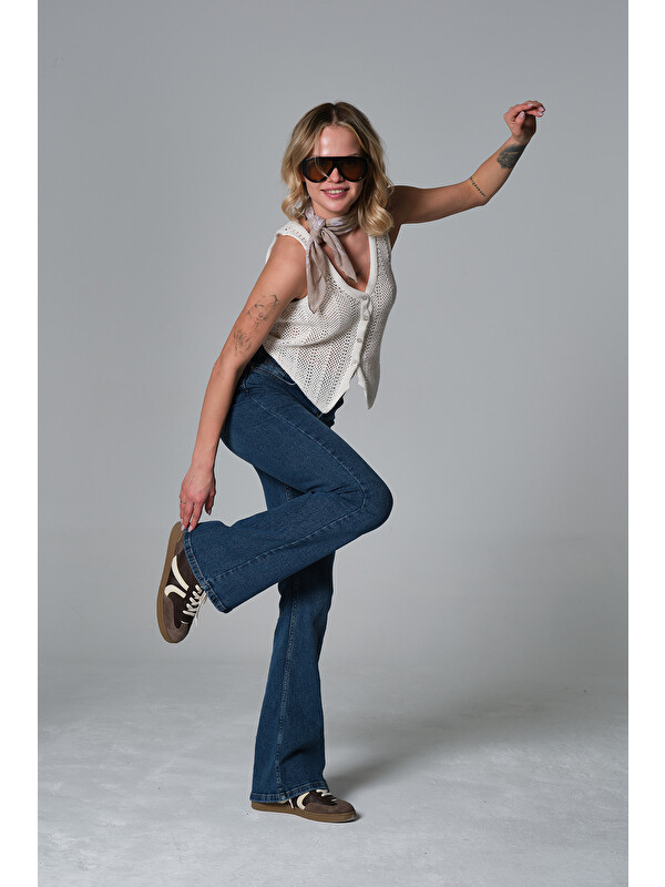 Maule Normal bel kot, ispanyol paça esnek denim kumaş kadın fit and Flare jean pantolon @Morales