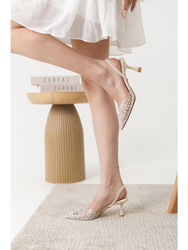 İncili Kadın Stiletto Taşlı Sivri Burun Arkası Açık Abiye Topuklu Ayakkabı - Görsel 4