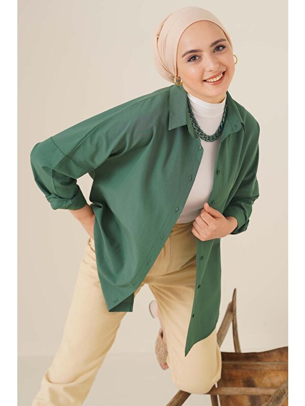 Bigdart 103901 Oversize Basic Tesettür Gömlek - Zümrüt Yeşili