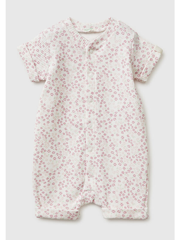 United Colors Of Benetton Bebek Ekru Tamamı Desenli Yuvarlak Yaka Çıtçıtlı Tulum
