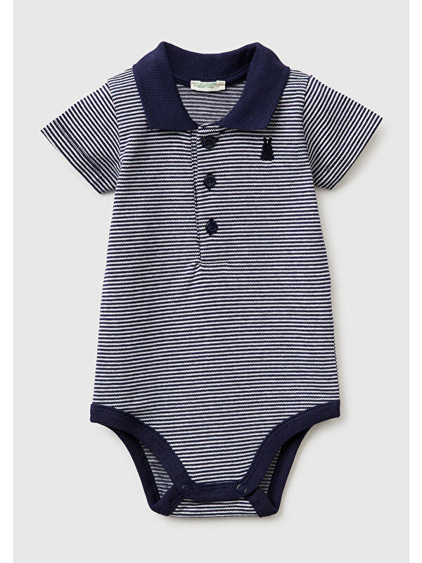 United Colors Of Benetton Bebek Lacivert Göğsü Logolu Çizgili Polo Yaka Çıtçıtlı Kısa Kollu Body