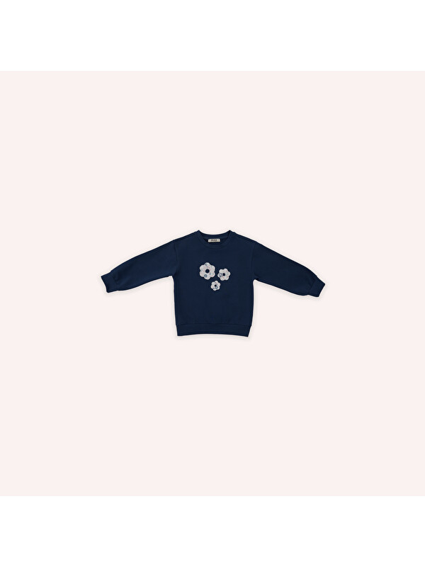 Panço Kız Çocuk Çiçek Aplike Detaylı Sweatshirt Lacivert