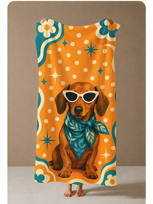 Milbay Grup Gözlüklü Köpek Retro Turuncu Desenli 70x150 Plaj Havlusu