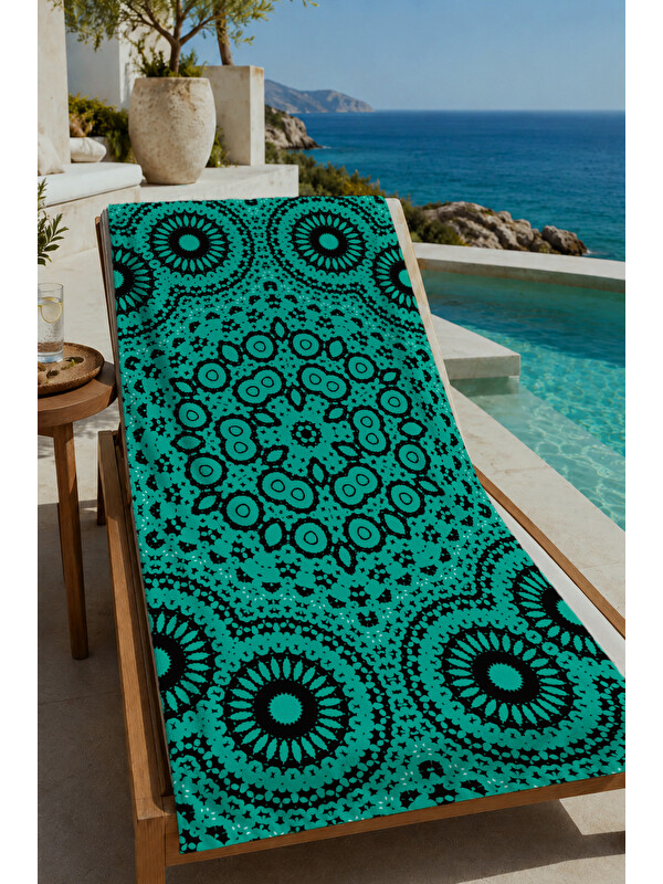 Milbay Grup Turkuaz Siyah Mandala Desenli 70x150 cm Dijital Baskılı Plaj ve Banyo Havlusu