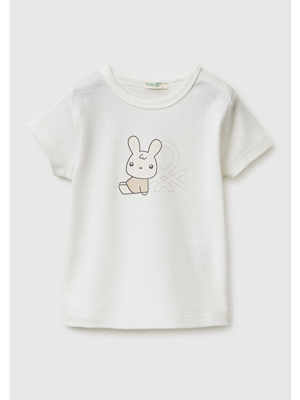 United Colors Of Benetton Bebek Beyaz Baskılı Omzu Çıtçıtlı Ribanalı Kısa Kollu T-Shirt