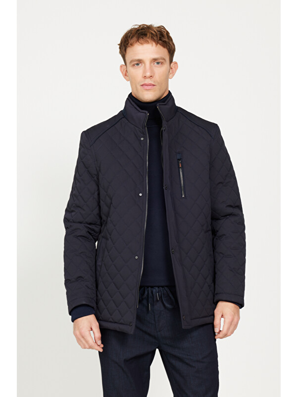 Altınyıldız Classics Erkek Lacivert Standart Fit Normal Kesim Dik Yaka Desenli Kapitone Overcoat