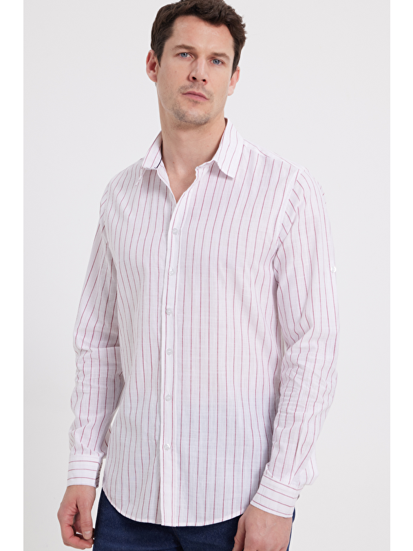TUDORS Erkek Slim Fit Dar Kesim Uzun Kollu %100 Pamuk Keten Doku Çizgili Gömlek