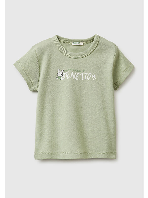 United Colors Of Benetton Bebek Adaçayı Yeşili Baskılı Omzu Çıtçıtlı Ribanalı Kısa Kollu T-Shirt