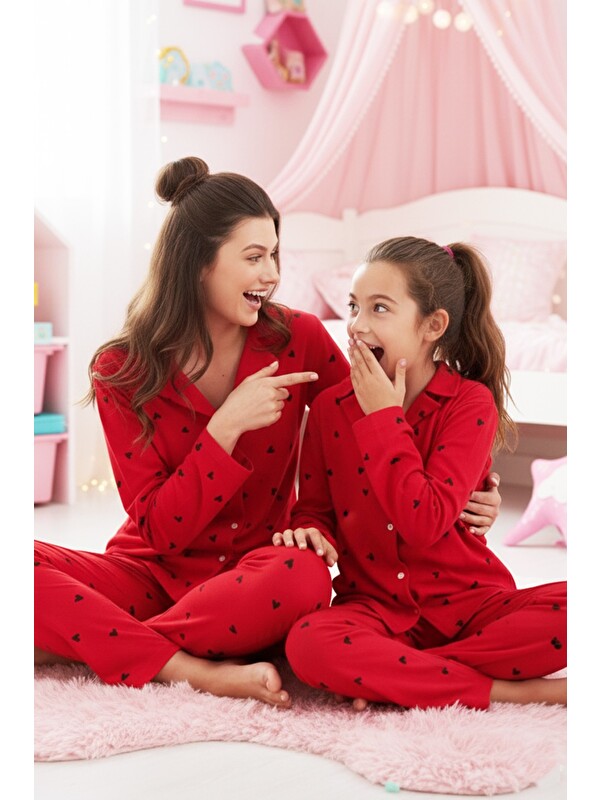 Siyah İnci Kırmızı Pamuklu Düğmeli Pijama Takımı