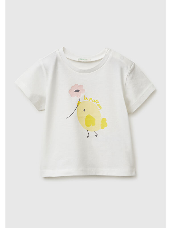 United Colors Of Benetton Bebek Beyaz Omzu Gizli Çıtçıtlı Baskılı Kısa Kollu T-Shirt
