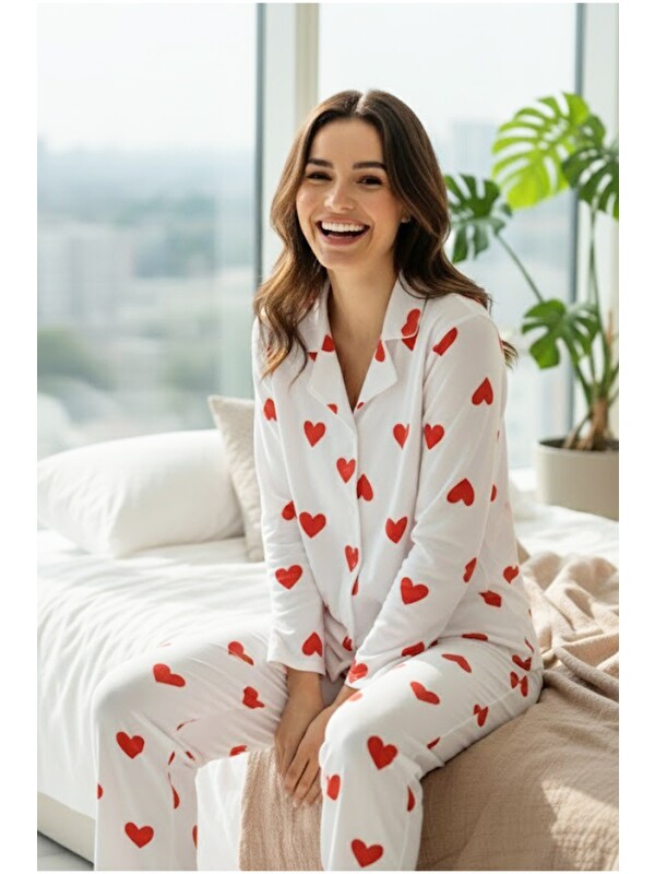 Siyah İnci beyaz kırmızı kalp desenli Örme Düğmeli Pamuklu Pijama Takım