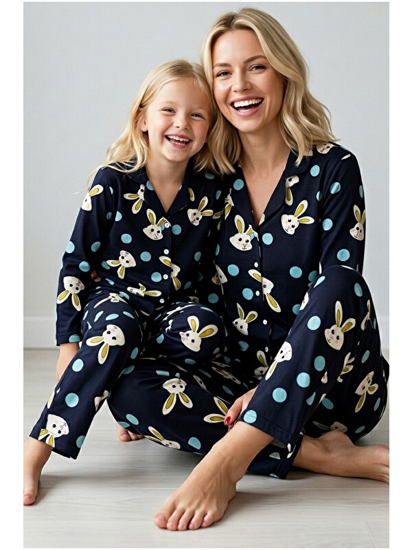 Siyah İnci Lacivert Pamuklu Düğmeli Pijama Takım