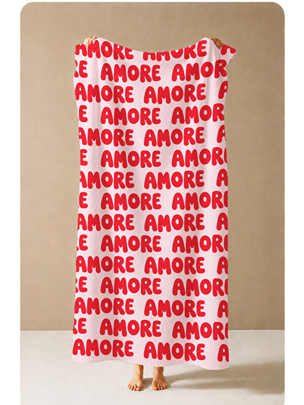 Milbay Grup Pop Art Amore Yazılı Kırmızı Desenli 70x150 Plaj Havlusu - Dijital Baskılı Solmaz Banyo Havlusu
