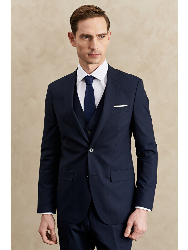 Altınyıldız Classics Erkek Lacivert Su Geçirmez Slim Fit Dar Kesim Mono Yaka Yelekli Yünlü Nano Takım Elbise