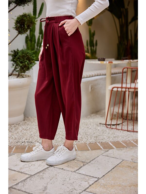 Locco Moda Kadın Beli Lastikli  Havuç Pantolon Bordo