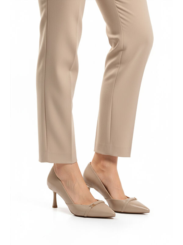 Bej Kırışık Kadın İnce Kısa Topuklu Ayakkabı 575040 Z - Görsel 2