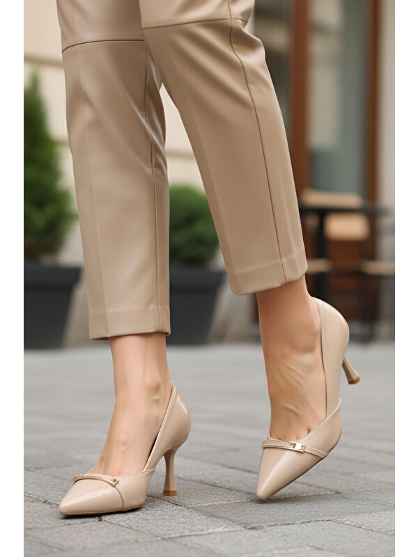 Bej Kırışık Kadın İnce Kısa Topuklu Ayakkabı 575040 Z - Görsel 4