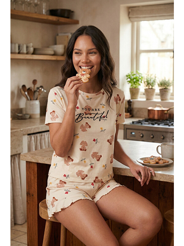 Lela Desenli Bambu Karışımlı Regular Fit Şortlu Pijama Takımı 6097715