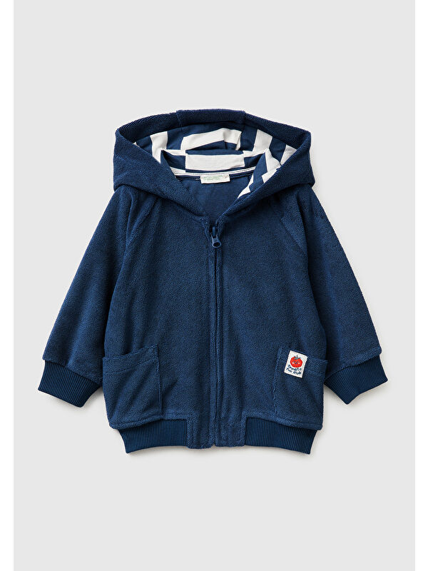 United Colors Of Benetton Bebek Koyu Lacivert Nakışlı Kapüşonlu Fermuarlı Havlu Sweatshirt