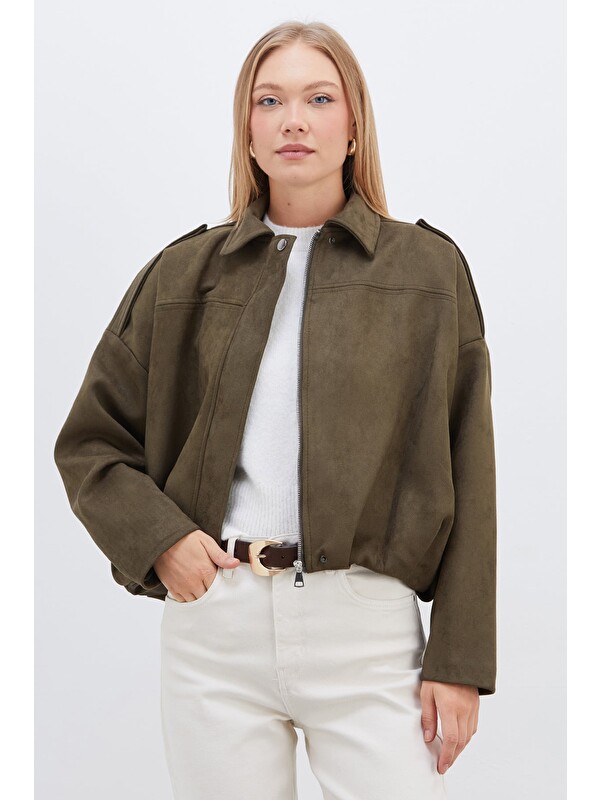 Fullamoda Fermuarlı Polo Yaka Süet Bomber Ceket