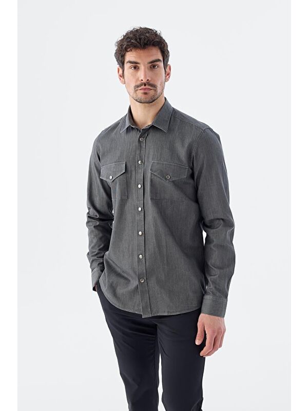 JAKAMEN Siyah Comfort Fit Cepli Çıtçıtlı %100 Pamuk Jean Gömlek