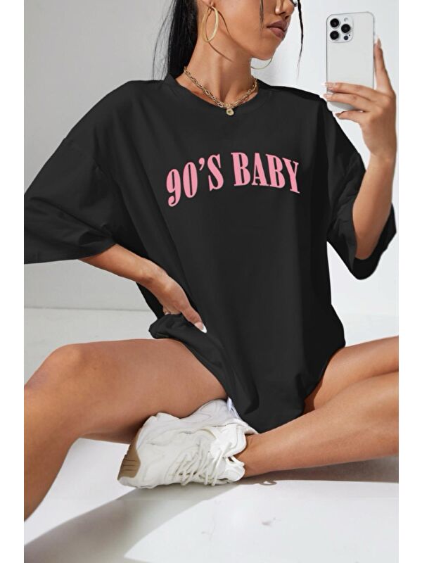 Oksit 90'S Baby Ön Baskılı Bisiklet Yaka Kadın Oversize Tshirt