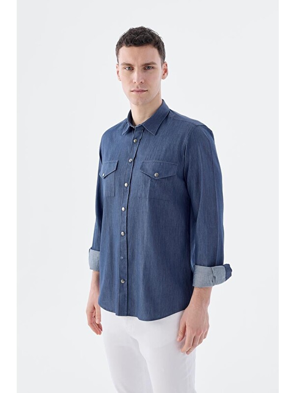 JAKAMEN Lacivert Comfort Fit Cepli Çıtçıtlı %100 Pamuk Jean Gömlek