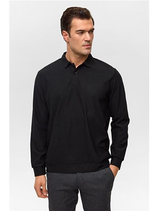 Süvari Siyah Regular Düz Polo Yaka Sweatshirt