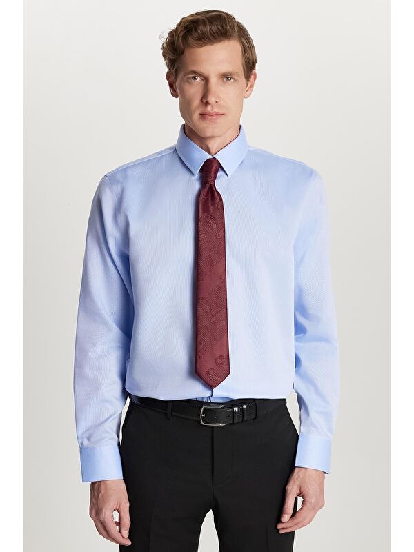 TUDORS Slim Fit Mavi Non-Iron %100 Pamuk Doğa Dostu Ekoteks Belgeli Ütü Gerektirmez Gömlek